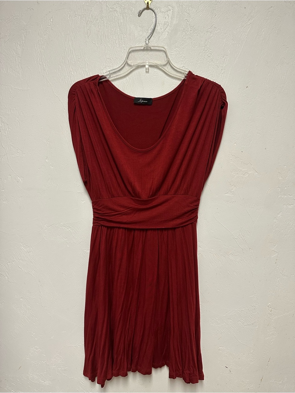 Soprano Deep Red Midi Dress with Gathered Waist